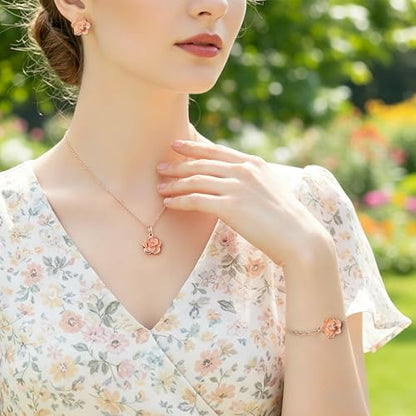 EleQueen Rose Flower Necklace Earrings Bracelet Set for Women - color: Orange-Rose Gold