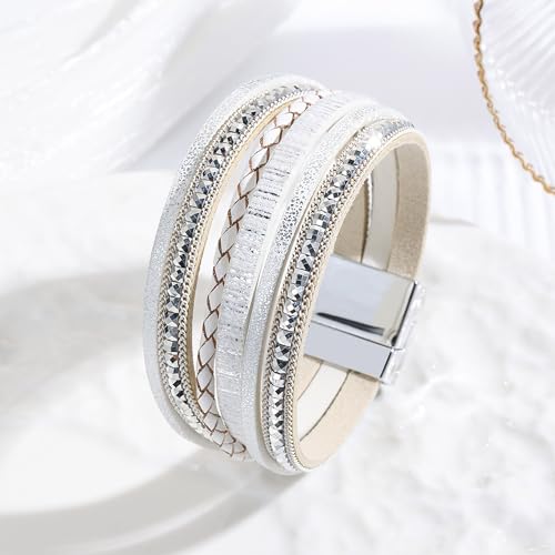 VIBILIA Boho Leather Wrap Bracelets for Women Multi-Layer Bracelets | With Strong Clasp Jewelry for Women - color: 03-BohoBraid-White