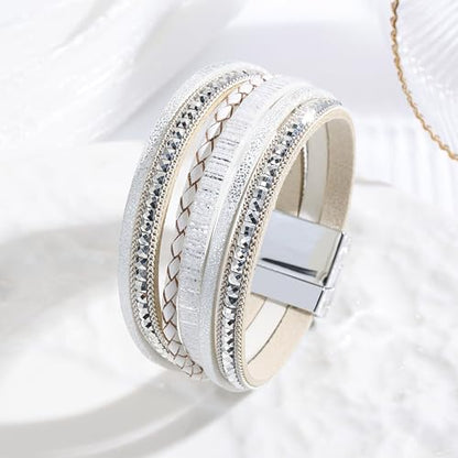 VIBILIA Boho Leather Wrap Bracelets for Women Multi-Layer Bracelets | With Strong Clasp Jewelry for Women - color: 03-BohoBraid-White