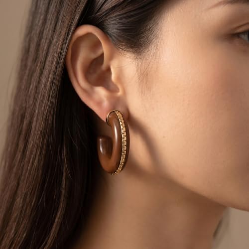 Gold Plated Resin Chunky Hoop Earrings Hypoallergenic Push Back Hoops for Sensitive Ears - color: Chocolate Brown