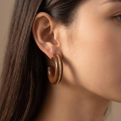 Gold Plated Resin Chunky Hoop Earrings Hypoallergenic Push Back Hoops for Sensitive Ears - color: Chocolate Brown