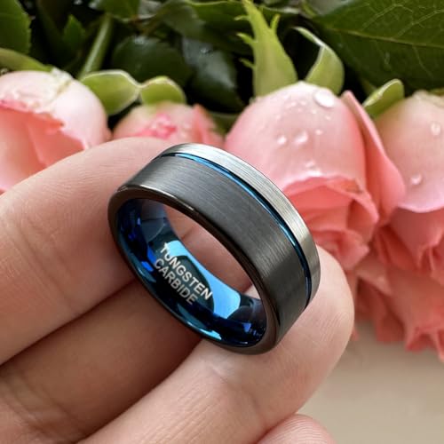 TUTISS 8mm Black/Blue/Gold/Rose Gold Tungsten Rings for Men Women Fashion Engagement Wedding Bands Brushed Finish Offset Line Comfort Fit - color: 8mm Black Blue Tungsten