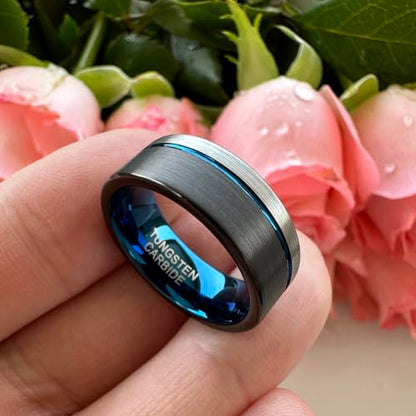 TUTISS 8mm Black/Blue/Gold/Rose Gold Tungsten Rings for Men Women Fashion Engagement Wedding Bands Brushed Finish Offset Line Comfort Fit - color: 8mm Black Blue Tungsten