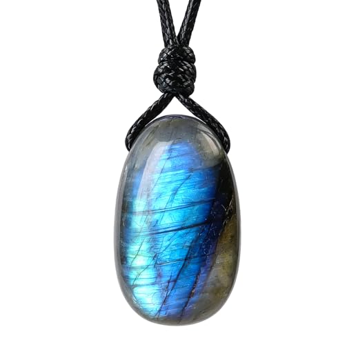 Natural Gemstone Pendant Necklace Healing Crystal Stone Choker Necklace Adjustable Waxed Black Rope for Men - color: Labradorite