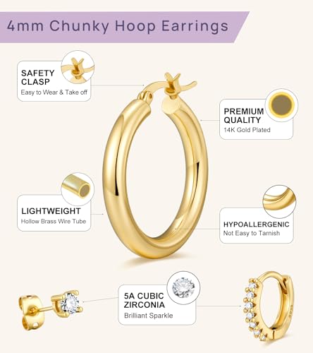 wowshow Gold Hoop Earrings for Women Chunky Hoops 14K Gold Plated Thick Hollow Tube Lightweight Earrings for Mother Birthday Gifts 20/25/30/40/50MM - color: Gold-40mm+11mm+8mm+6mm