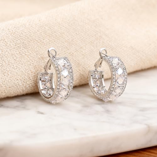 Sonateomber Gold Chunky Crystal Hoop Earrings for Women, Trendy Statement Sparkly CZ Rhinestone Thick Open Hoops Earings Hypoallergenic Wedding Prom Everyday Accessories Fashion Jewelry Gift - color: Silver CZ