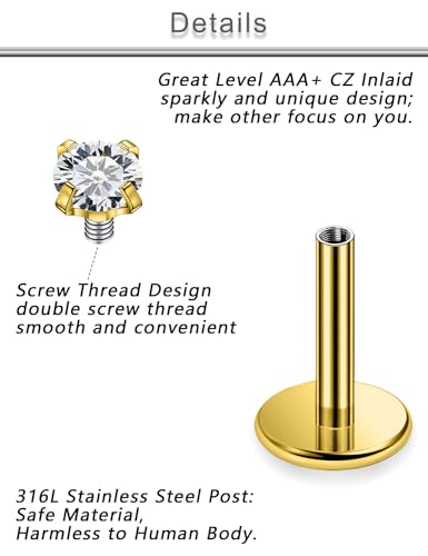 18G 16G 14G Lip Labret Medusa Nose Rings Studs Flat Back Earrings Internally Threaded 316L Surgical Steel Cartilage Tragus Helix Conch Earrings Piercing Jewelry for Women Men 6mm 8mm 10mm - color: 16G - Gold Tone-6/8/10mm Bar