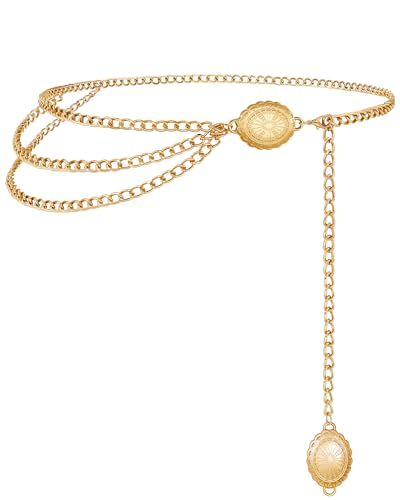 Chain Belt for Women Fashion Multilayer Metal Waist Chain Dress Belt Adjustable - size: Fit Waist Up to 53'', style: Gold-D