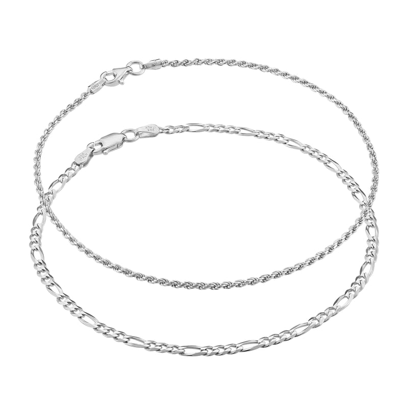 Solid 925 Sterling Silver Italian 3mm Diamond-Cut Flat Figaro Link & 1.5mm Twisted Braided Rope Link Chain Anklet Ankle Bracelet Bundle - for Women - Made in Italy, 9""