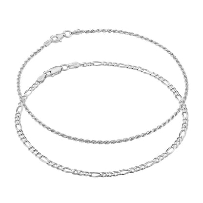 Solid 925 Sterling Silver Italian 3mm Diamond-Cut Flat Figaro Link & 1.5mm Twisted Braided Rope Link Chain Anklet Ankle Bracelet Bundle - for Women - Made in Italy, 9""