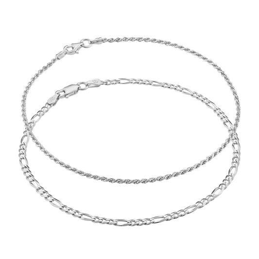 Solid 925 Sterling Silver Italian 3mm Diamond-Cut Flat Figaro Link & 1.5mm Twisted Braided Rope Link Chain Anklet Ankle Bracelet Bundle - for Women - Made in Italy, 9""