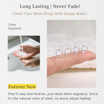 8Pcs 316L Surgical Stainless Steel 20G Nose Studs Set, High Polish Finish Corkscrew Nose Rings, Clear Cubic Zirconia, Size 1.5-3MM - size: 8pcs/Screw/20G/Silver/3.0mm