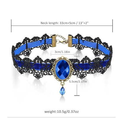 AILUOR Punk Rock Wedding Party Handmade Black Lace Choker, Gothic Retro Lolita Beads Chain Vampire Pendant Necklace for Women Halloween - color: Blue