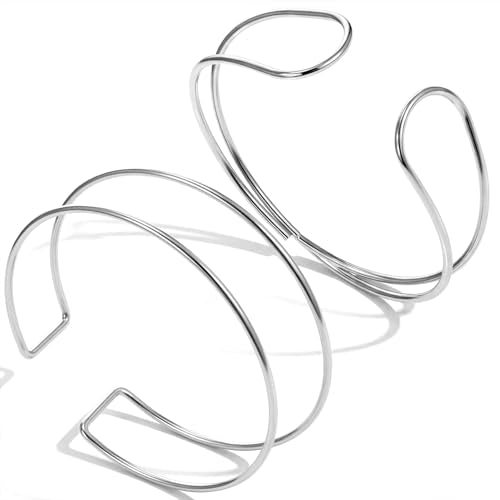 Xinjoduz 2 PCS Arm Cuff Bracelet for Women, Gold Arm Cuff Upper Arms Layered Cuffs Bangle Bracelet, Adjustable Minimalist Coil Armband Stackable Jewelry for Summer Beach, 2 Styles - color: Silver