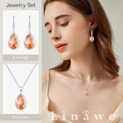 Linawe Crystal Jewelry Sets for Women, Imitation Diamond Pendant Necklace, Rhinestone Drop Dangle Earrings, Birthstone Cubic Zirconia Matching Wedding Jewelry, 14K Gold/Rose Gold/Silver Tones - color: Silver,Citrine,Nov