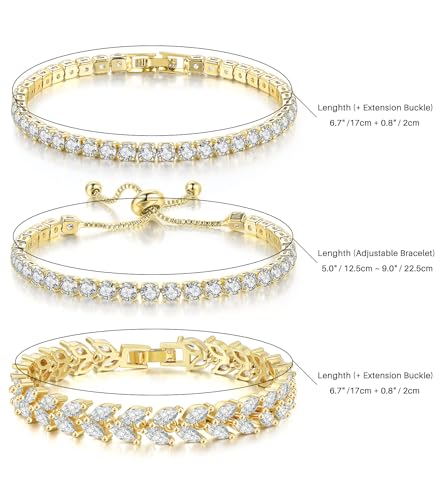 4 Pcs Tennis Bracelet Set Silver Plated Marquise Cubic Zirconia CZ Diamond Dainty Adjustable Silver Bracelets for Women Brides Stackable Fashion Jewelry Wedding Prom Gift - color: Gold-4PCS Tennis Bracelet Set