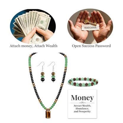 Money Bracelets Necklace Jewelry Set for Women Men Jade Crystal Tiger Eye Obsidian Beaded Necklace Feng Shui Good Luck Money Bracelet Wealth Attraction Accessories Outfits Protection Jewelry Gifts - color: A6