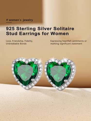 Bestyle Authentic 925 Sterling Silver 2 Carat Birthstone Earrings for Women, More Sparkle Heart/Round Solitaire Diamond Studs Earrings, Great Birthday/Christmas/Anniversary Jewelry for Wife Mother - color: 05. May Emerald-Heart
