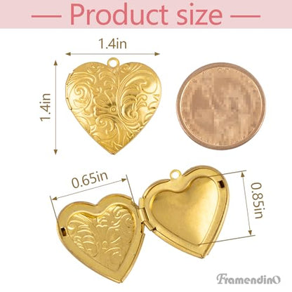 Framendino, 10 Pack Gold Stainless Steel Heart Locket Photo Picture Charms Pendants for Jewelry Making