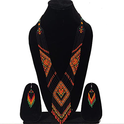 Handmade Native American Style Tribal ethnic Seed Bead Beaded Layered Medallion Necklace 4 - color: Black Multi