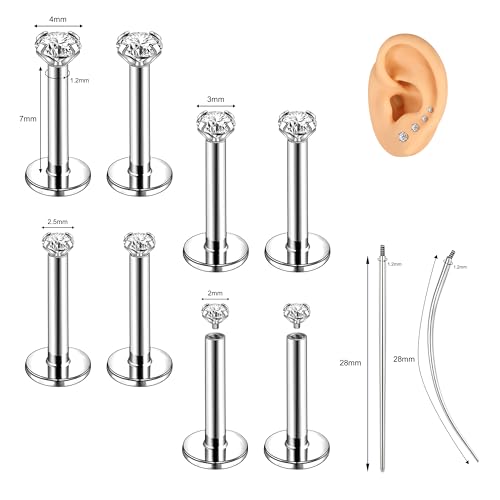 18G/16G Labret Jewelry Surgical Steel Internal Thread | CZ Stud, Lip Nose Piercing Studs, Flat Back, Medusa Monroe Lip Cartilage Earring, 2/2.5/3/4mm CZ - color: 16G,7mm-bar,2/2.5/3/4mm-CZ,Silver