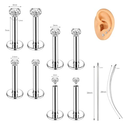 18G/16G Labret Jewelry Surgical Steel Internal Thread | CZ Stud, Lip Nose Piercing Studs, Flat Back, Medusa Monroe Lip Cartilage Earring, 2/2.5/3/4mm CZ - color: 16G,7mm-bar,2/2.5/3/4mm-CZ,Silver