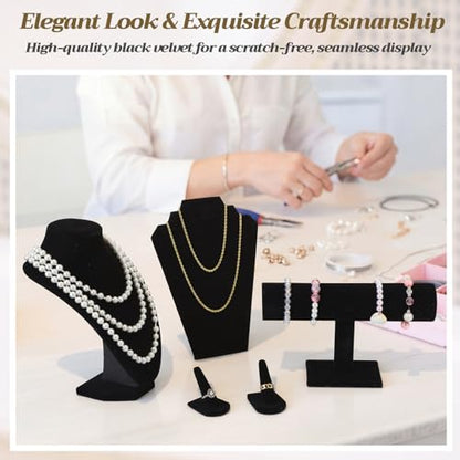 Leinuosen 5 Pcs Velvet Jewelry Display Set for V-shaped and Flat Necklace Bust Stand Ring Finger Holder T Shape Bracelet Stand
