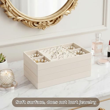 4 Pcs Stackable Jewelry Organizer Trays, 8 x 5 x 1 Inch Velvet Jewelry Trays Beige Jewellery Drawer Inserts Organizer Display Case Storage with Removable Dividers for Earring, Necklace, Rings