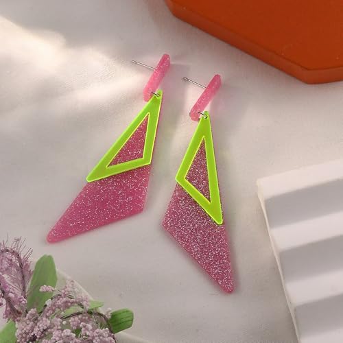 Retro 80s Neon Earrings for Women Acrylic Triangle Neon Dangle Earrings Colorful Geometric Drop Earrings Glow Party Halloween Neon Earrings - color: Pink