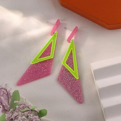 Retro 80s Neon Earrings for Women Acrylic Triangle Neon Dangle Earrings Colorful Geometric Drop Earrings Glow Party Halloween Neon Earrings - color: Pink