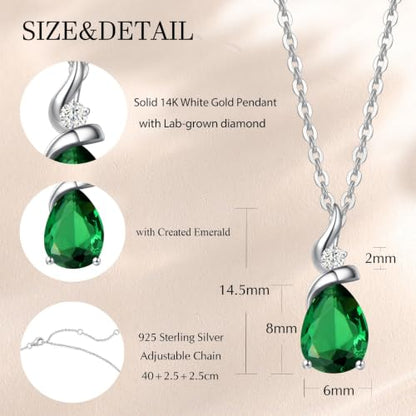 FANCIME 14K Solid White Gold Birthstone Pendant Necklace for Women with Diamond Pear Shaped Teardrop Necklace Birthday Gifts for Mom Women,Sterling Silver Chain 16" + 2" Extender - color: 05-Emerald