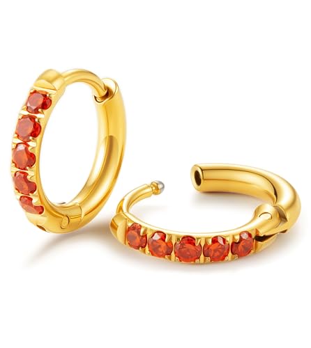 Hypoallergenic Unisex Surgical Steel Small Cubic Zirconia Huggie Hoop Earring, Color Gold - Silver - Rose Gold - Black - Rainbow, Size 6mm- 12mm Safe for Sensitive Ear - style: P05 : 8mm - gold - red cz
