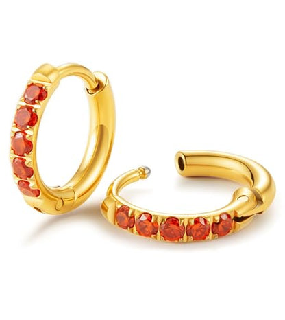 Hypoallergenic Unisex Surgical Steel Small Cubic Zirconia Huggie Hoop Earring, Color Gold - Silver - Rose Gold - Black - Rainbow, Size 6mm- 12mm Safe for Sensitive Ear - style: P05 : 8mm - gold - red cz