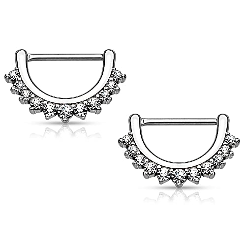 Pierced Owl - 14GA Stainless Steel CZ Crystal Lined Fan Nipple Clicker Rings, Sold as a Pair - style: Silver Tone