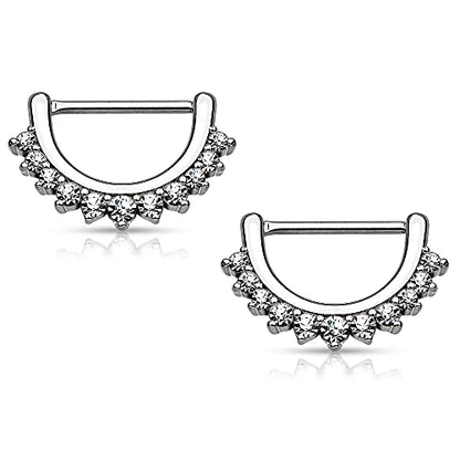 Pierced Owl - 14GA Stainless Steel CZ Crystal Lined Fan Nipple Clicker Rings, Sold as a Pair - style: Silver Tone