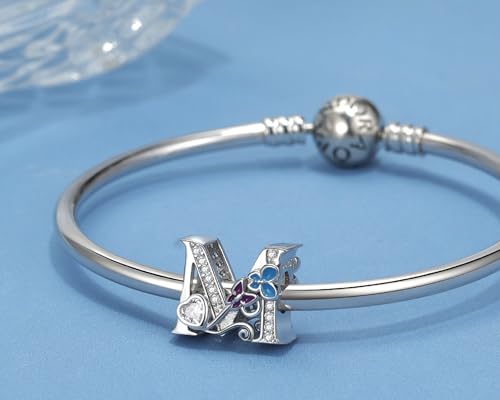 S925 Silver Butterfly Initial Letter Charms Fit for Pandora Charms Bracelets and Necklace Alphabet Bead Charms Jewelry Gifts for Women - color: M