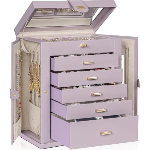 AKOZLIN 6-Tier Jewelry Box Organizer Functional 5 Drawers Leather Jewelry Storage Case for Women Girls Ring Necklace Earring Bracelet Holder Organizer with Mirror XL Purple 360° Rotating - color: Purple, size: XXLarge