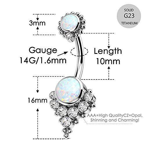 G23 Solid Titanium Belly Button Rings for Women Bezel Cluster 14G Implat-Grade Hypoallergenic Navel Rings Cute 14g Belly Rings - color: A-White Opal