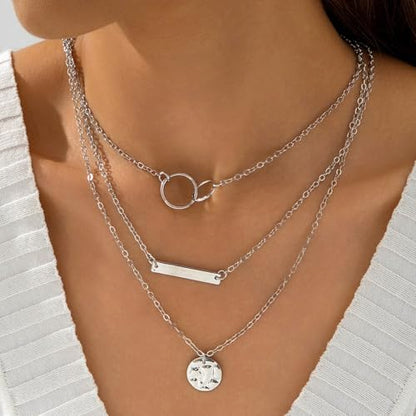 Layered Gold Necklace for Women Double Layer Snake Chain Necklace Set Jewelry Gift - color: Silver Stacked Necklace