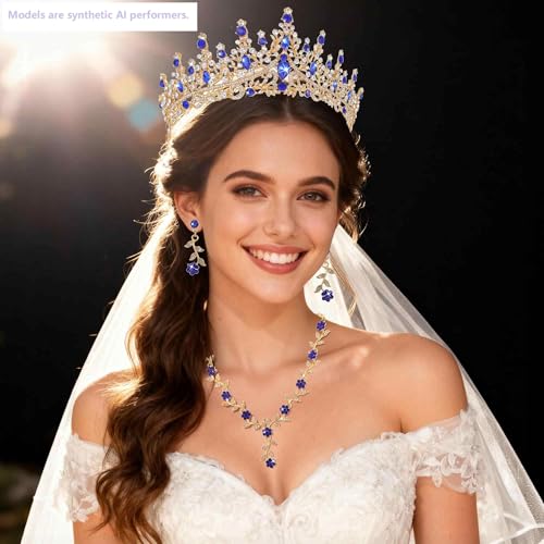 Kamirola Tiaras and Crowns for Women,Tiaras Earrings Necklace, Crystal Bridal Jewelry Set (TR48) - color: Gold Blue