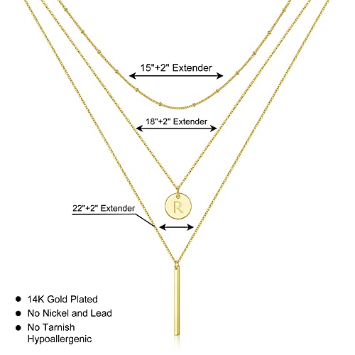 Initial Layered Necklaces for Women, 14K-Gold-Plated Coin Letter Necklace Bar Stacking Layer Necklace Multi Bar Layering Y-Necklaces Jewelry for Women - color: 14K-Gold-Plated, style: R