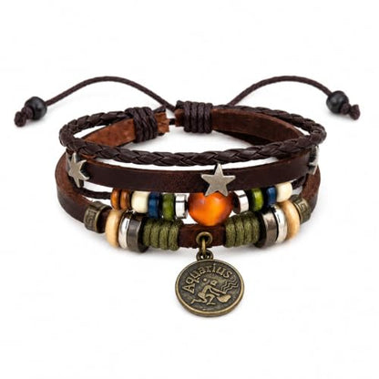 Zodiac Bracelet for Men Women, Adjustable Faux Leather Braided Wrap Bracelet with Vintage Astrology Charm, Gift Jewelry - style: Aquarius