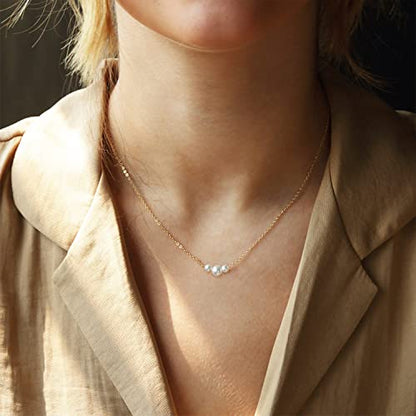 Gold Pearl Necklace For Women - 14K Gold Plated Layered Herringbone Chain Pearl Necklace, Trendy Simple Gold Jewelry Gift - color: Three Pearl-Gold