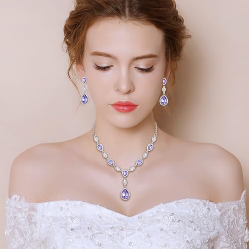 EleQueen Women's Wedding Bridal Jewelry Sets for Brides Bridesmaids, Cubic Zirconia Teardrop Necklace Tennis Bracelet Dangle Earrings Jewellery Set - color: Light Purple Silver-Tone