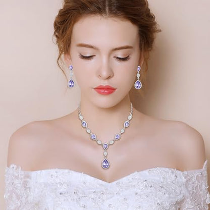 EleQueen Women's Wedding Bridal Jewelry Sets for Brides Bridesmaids, Cubic Zirconia Teardrop Necklace Tennis Bracelet Dangle Earrings Jewellery Set - color: Light Purple Silver-Tone