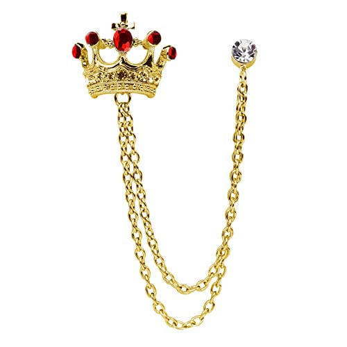 Crystal Crown Hanging Chain Brooch Suit Pin,Vintage Gold Crown Brooch,Suit Stud,Shirt Studs,Lapel Pin Accessories for Men Women - color: Gold Red