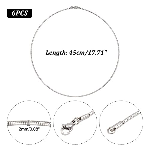 PH PandaHall 6pcs 2mm Stainless Steel Snake Chain Necklaces Round Omega Chain Choker with Lobster Claw Clasps for Women Crafts Jewelry Making
