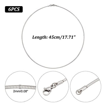 PH PandaHall 6pcs 2mm Stainless Steel Snake Chain Necklaces Round Omega Chain Choker with Lobster Claw Clasps for Women Crafts Jewelry Making
