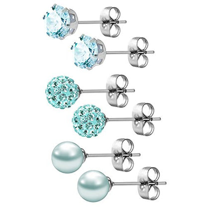 JewelrieShop Birthstone Studs Earring Set Cubic Zirconia Rhinestones Crystal Ball Faux Pearl Stainless Steel Stud Earrings for Women Jewelry Gift (6mm Round,3 Pairs) - color: 12) Dec. - Lake Blue