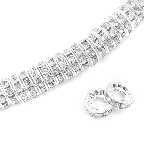 100pcs Large Hole Rhinestone Spacer Beads 10mm Silver Plated Czech Crystal Rhinestone for DIY Jewelry Making Charms Bracelet (Silver) - color: Silver